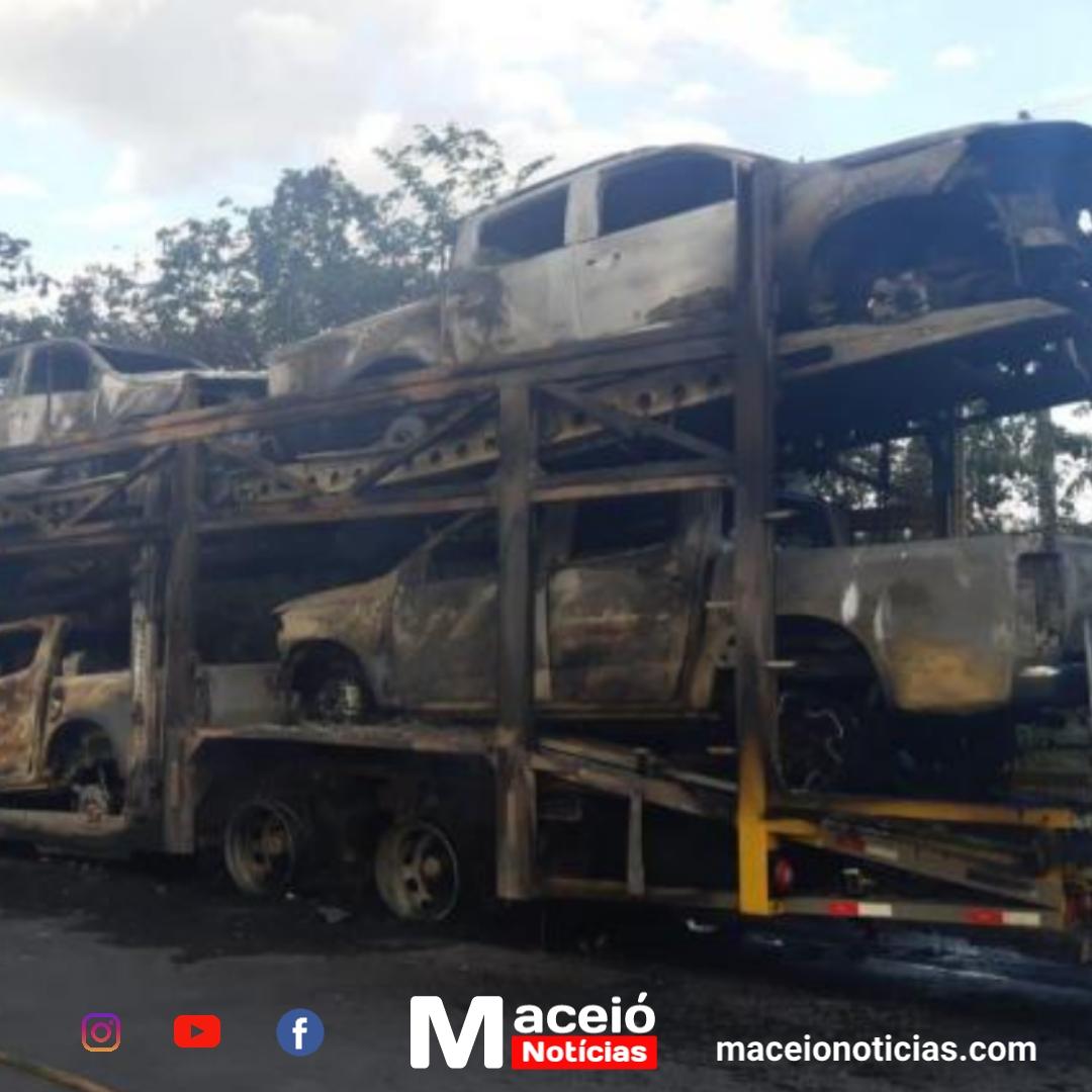 incêndio em caminhão-cegonha destrói veículos na BR-101, em Novo Lino