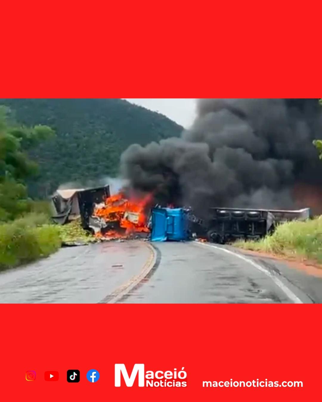 Acidente grave na BR-101: carretas batem, incendeiam e provocam cenas de pânico em AL