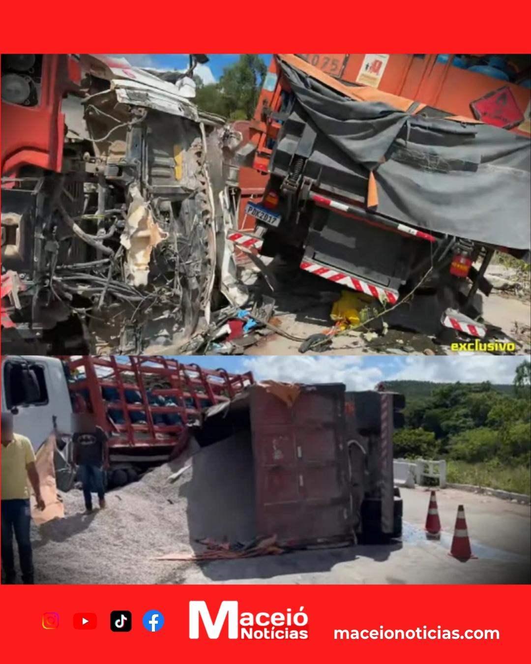 Colisão entre caminhões deixa motorista ferido e interdita trecho da AL-105 em Maceió