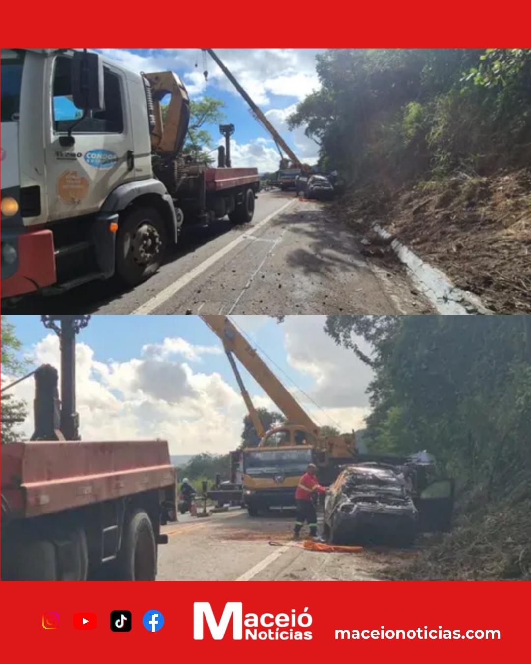 Carreta-cegonha com 11 carros tombou na BR-316 entre Satuba e Pilar