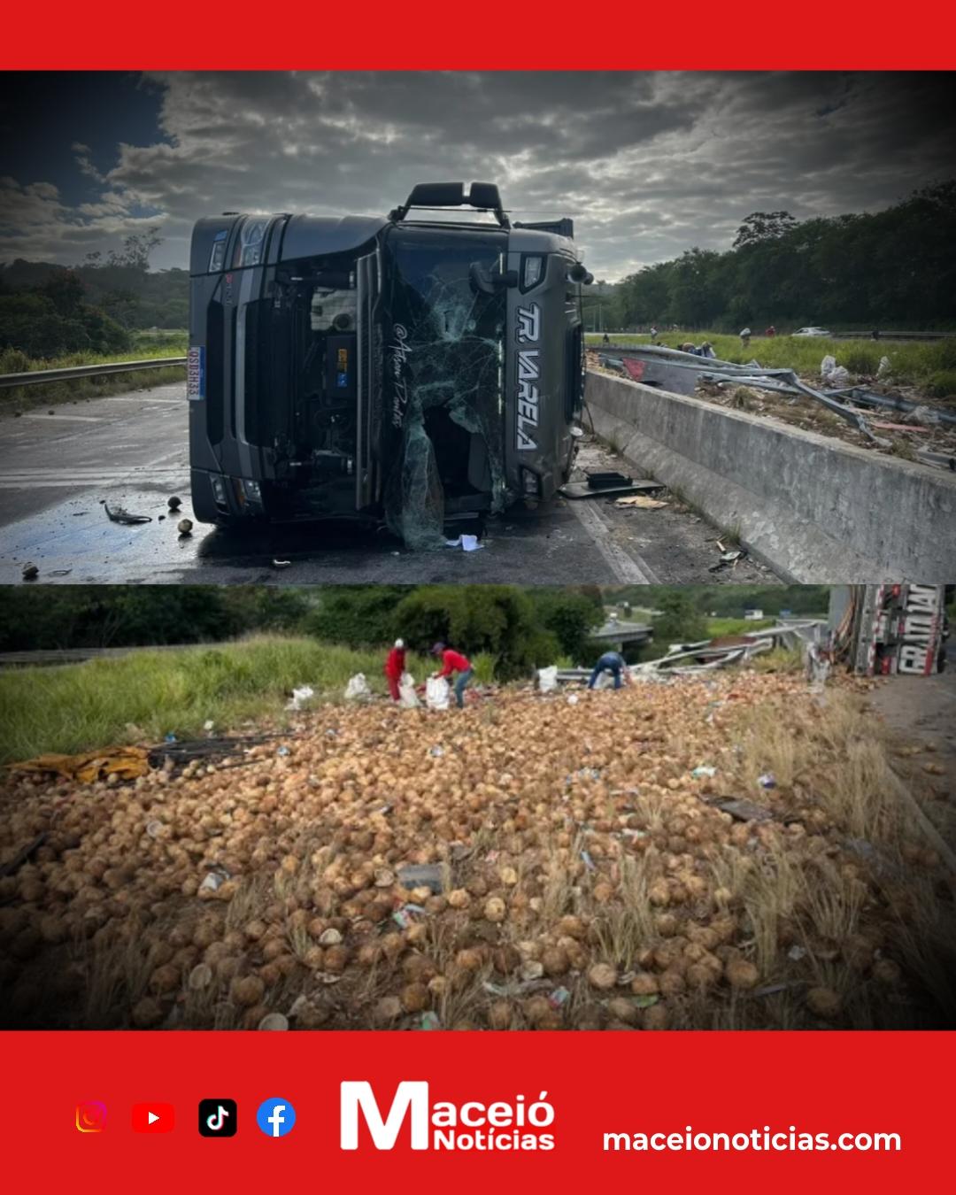 Motorista perde a vida após caminhão de cocos tombar na BR-101, em Pilar