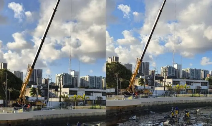 Guindastes retiram sacos do Riacho Salgadinho após chuvas reacenderem debate sobre eficácia da obra