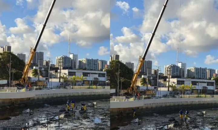 Guindastes retiram sacos do Riacho Salgadinho após chuvas reacenderem debate sobre eficácia da obra