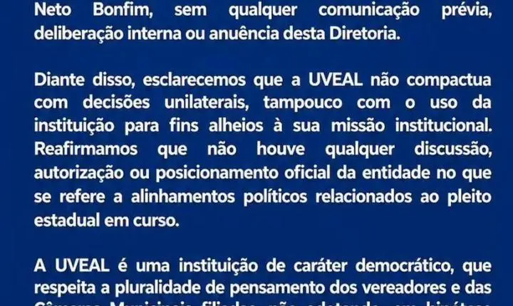 UVEAL nega uso político da entidade e afirma não ter autorizado articulação eleitoral